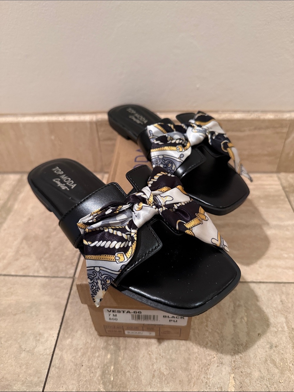TOP MODA Black Slide Mules with Printed Knot Accent